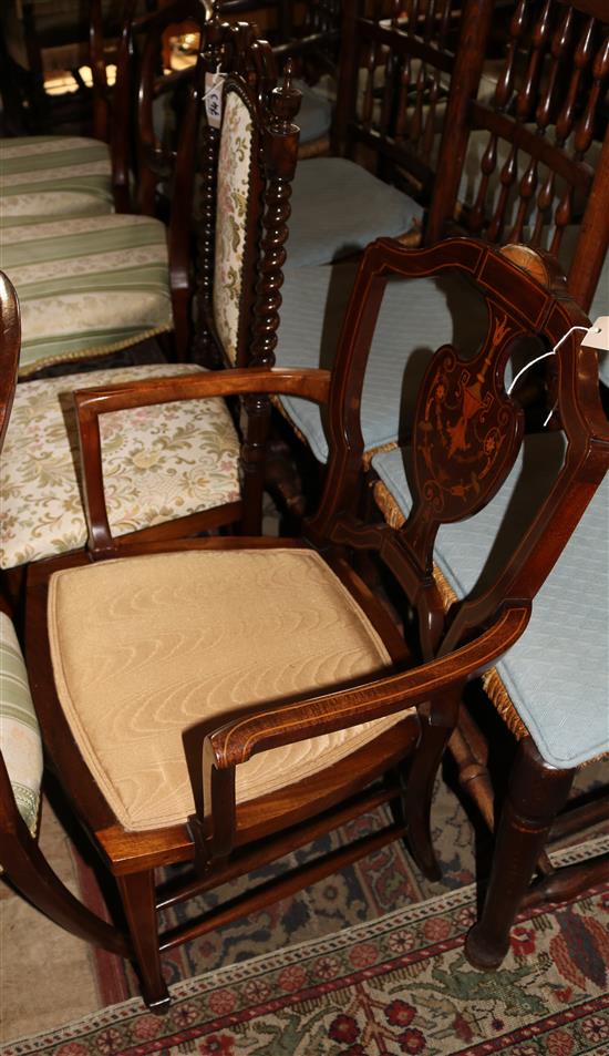 Edwardian inlaid mahogany open armchair and a Victorian walnut side chair